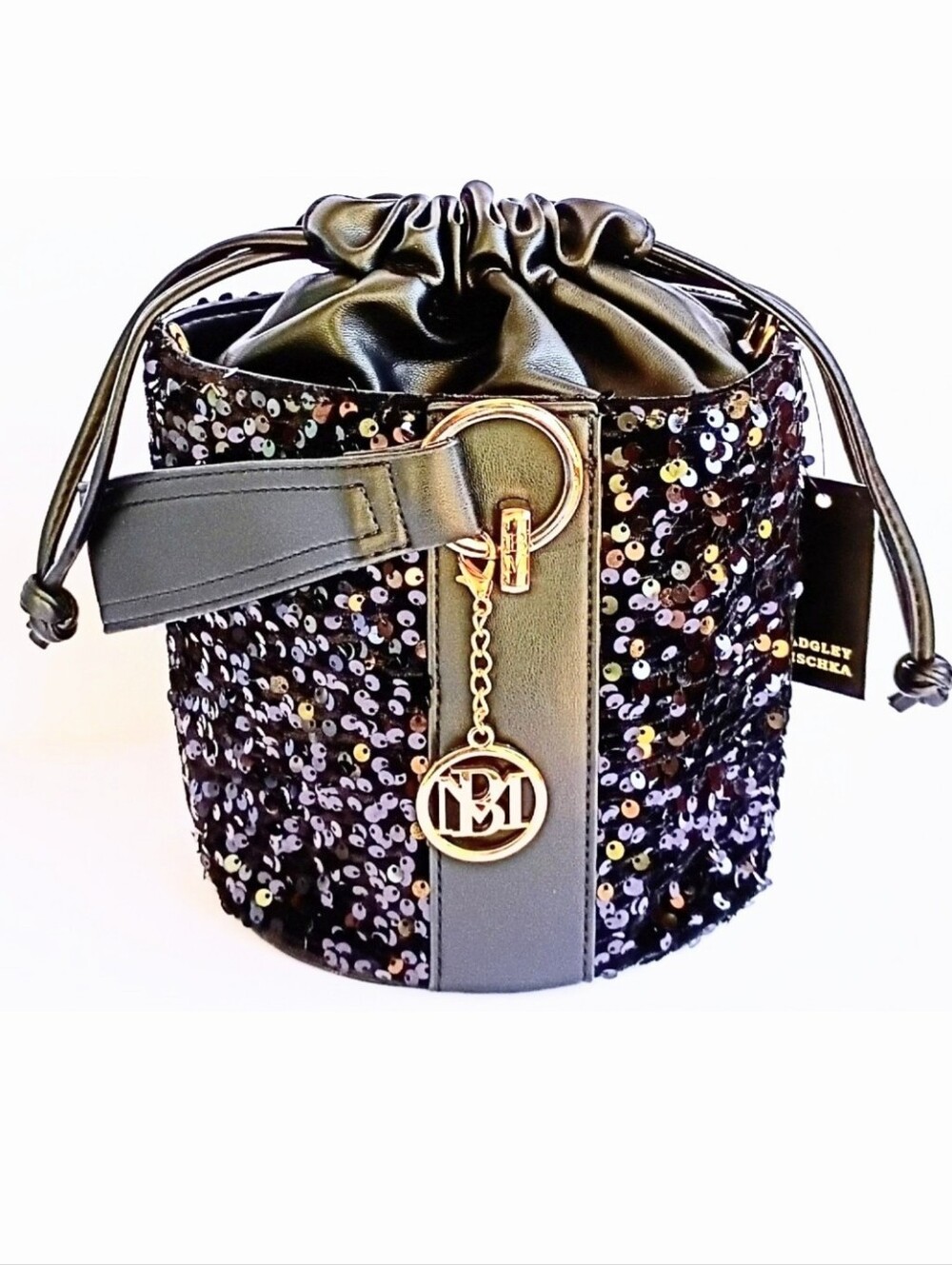 Badgley Mischka Black Sequin Bucket Bag NWT Gold Charm Evening Crossbody Glam